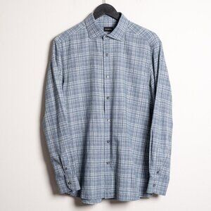 Ermenegildo Zegna Shirt Mens Large Flannel Button Down Shirt Blue Grey
